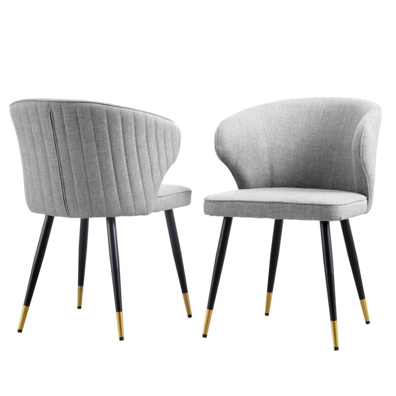 Langham Set of 2 Grey Woven Fabric Carver Dining Chairs with Fluted Back - Image 3