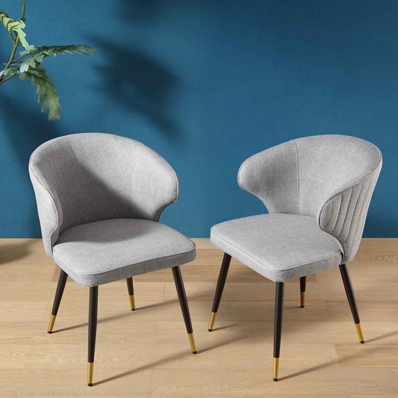 Langham Set of 2 Grey Woven Fabric Carver Dining Chairs with Fluted Back - Image 2