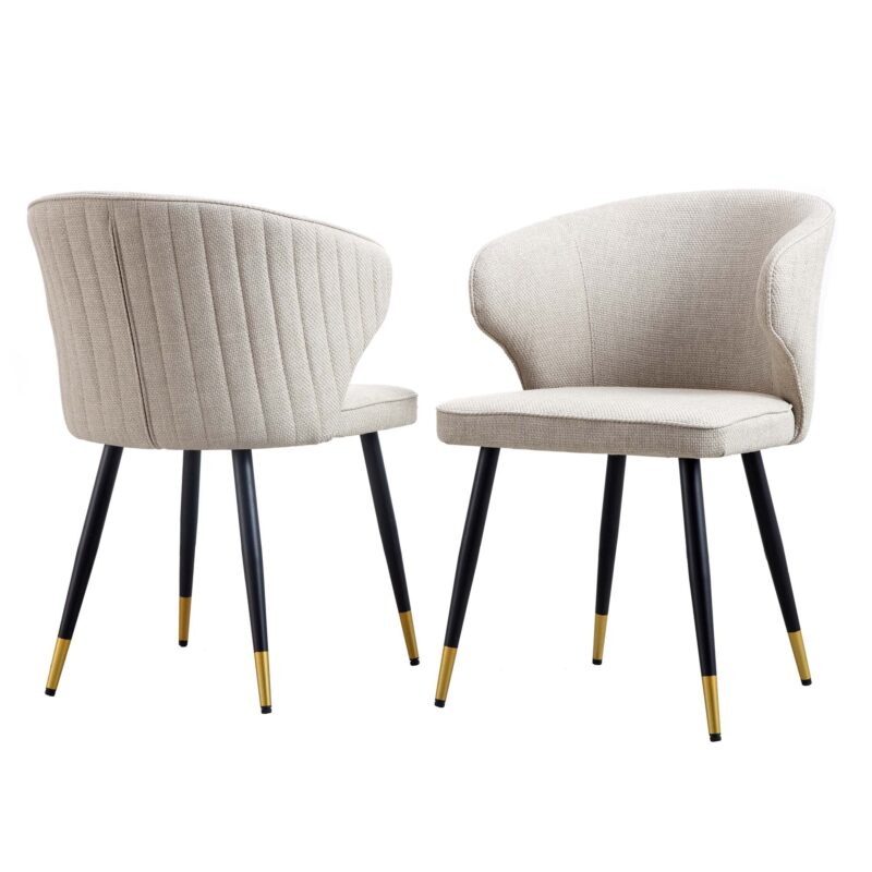 Langham Set of 2 Oatmeal Woven Fabric Carver Dining Chairs with Fluted Back - Image 3