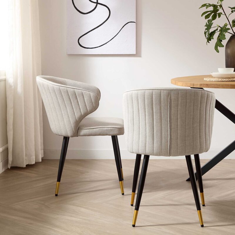Langham Set of 2 Oatmeal Woven Fabric Carver Dining Chairs with Fluted Back - Image 2
