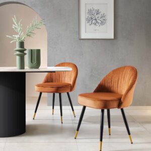 Miyae Set of 2 Pleated Burnt Orange Velvet Upholstered Dining Chairs