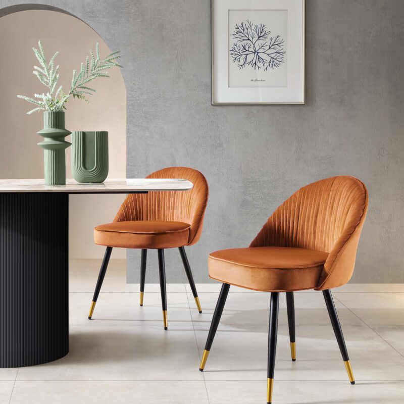 Miyae Set of 2 Pleated Burnt Orange Velvet Upholstered Dining Chairs