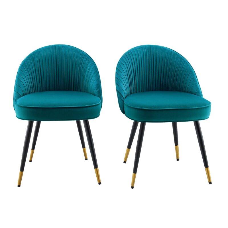 Miyae Set of 2 Pleated Teal Velvet Upholstered Dining Chairs - Image 2