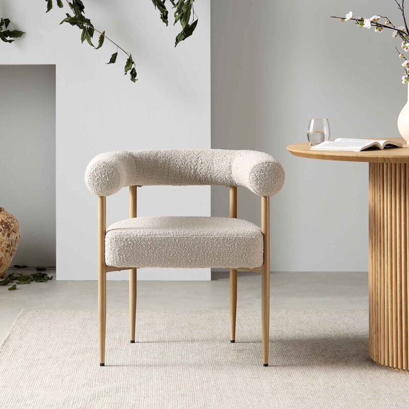 Fulbourn Taupe Boucle Dining Chair with Natural Wood Effect Legs - Image 2