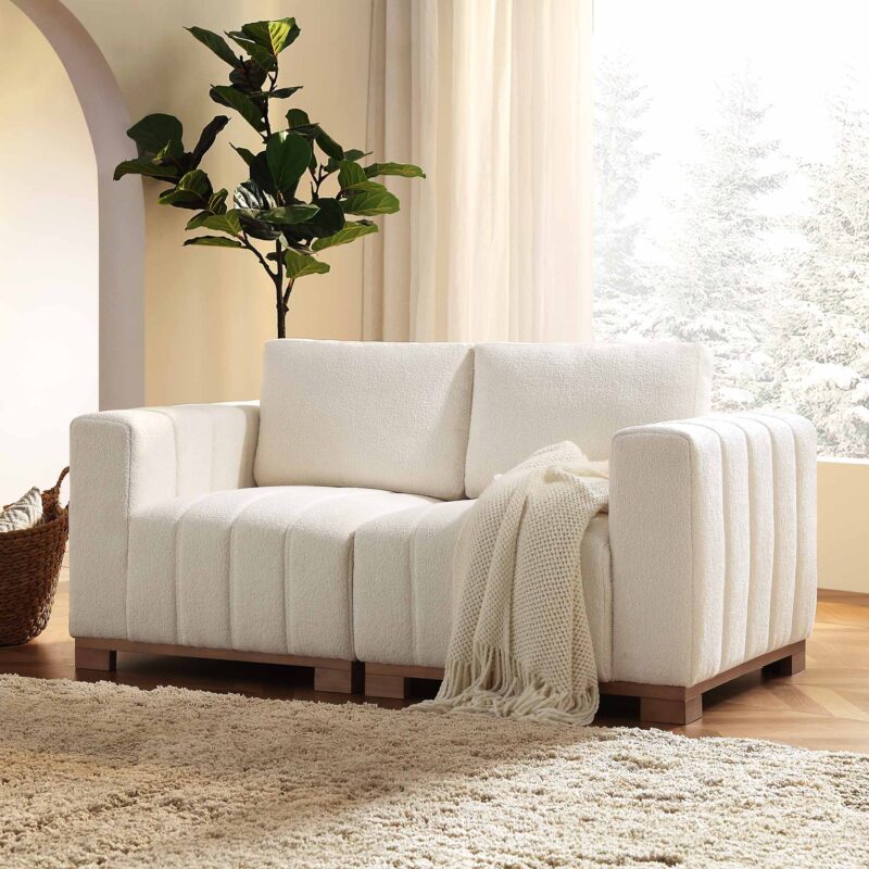 Belsize Beige Boucle Sofa with Wooden Base, 2-Seater - Image 2