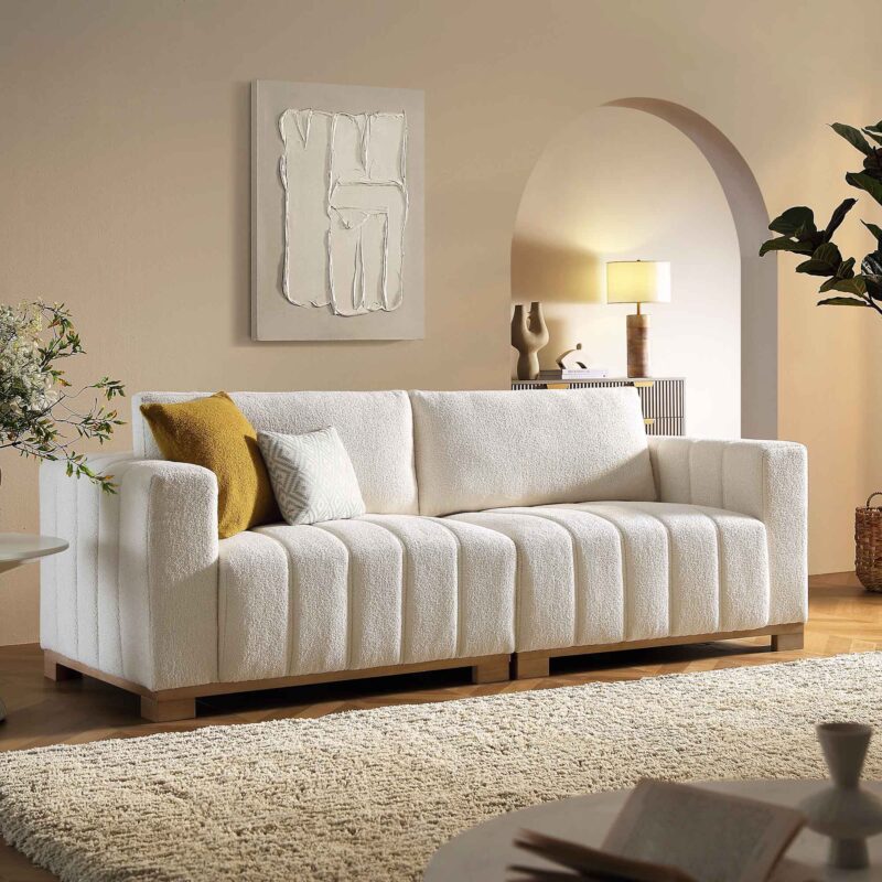 Belsize Beige Boucle Sofa with Wooden Base, 3-Seater - Image 2
