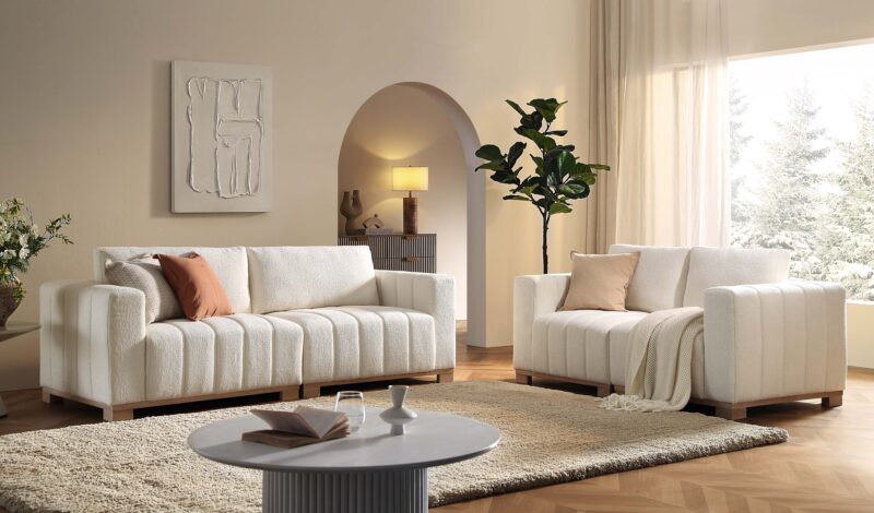 Belsize Beige Boucle Sofa with Wooden Base, 3-Seater - Image 3