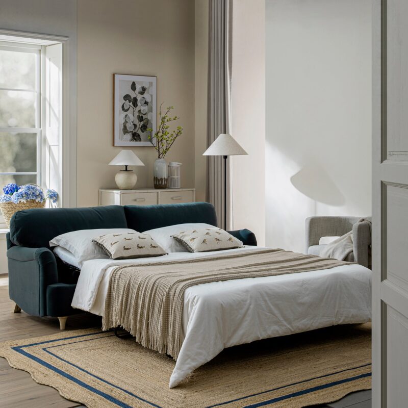 Daphnis Aegean Blue Velvet Sofa Bed, Large 3-Seater