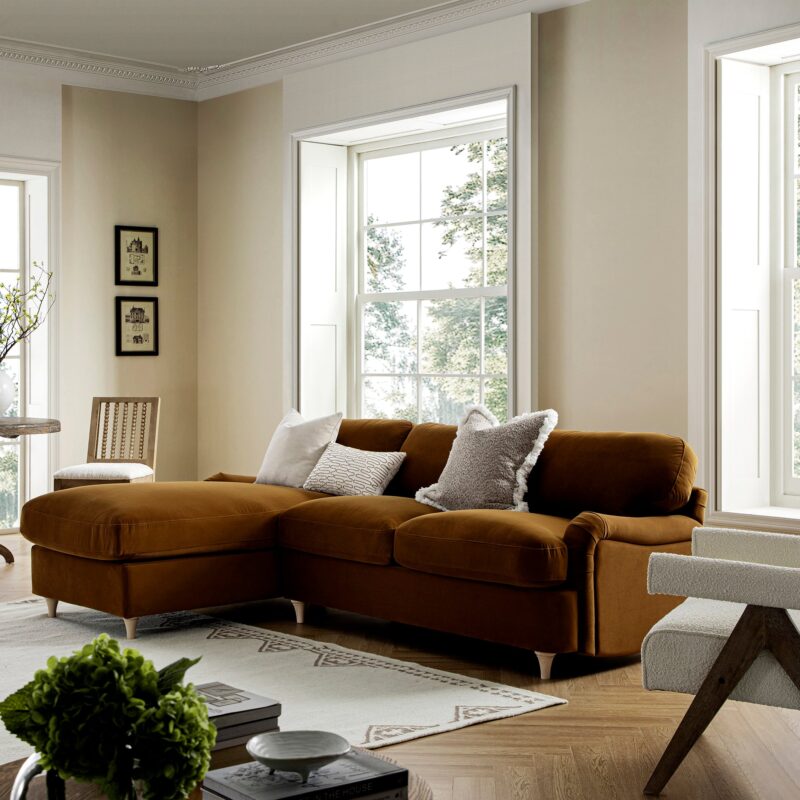 Daphnis Cinnamon Velvet Sofa Bed, Grande Chaise Left Hand Facing - Image 2