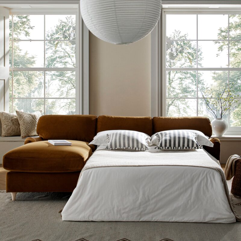Daphnis Cinnamon Velvet Sofa Bed, Grande Chaise Left Hand Facing - Image 3