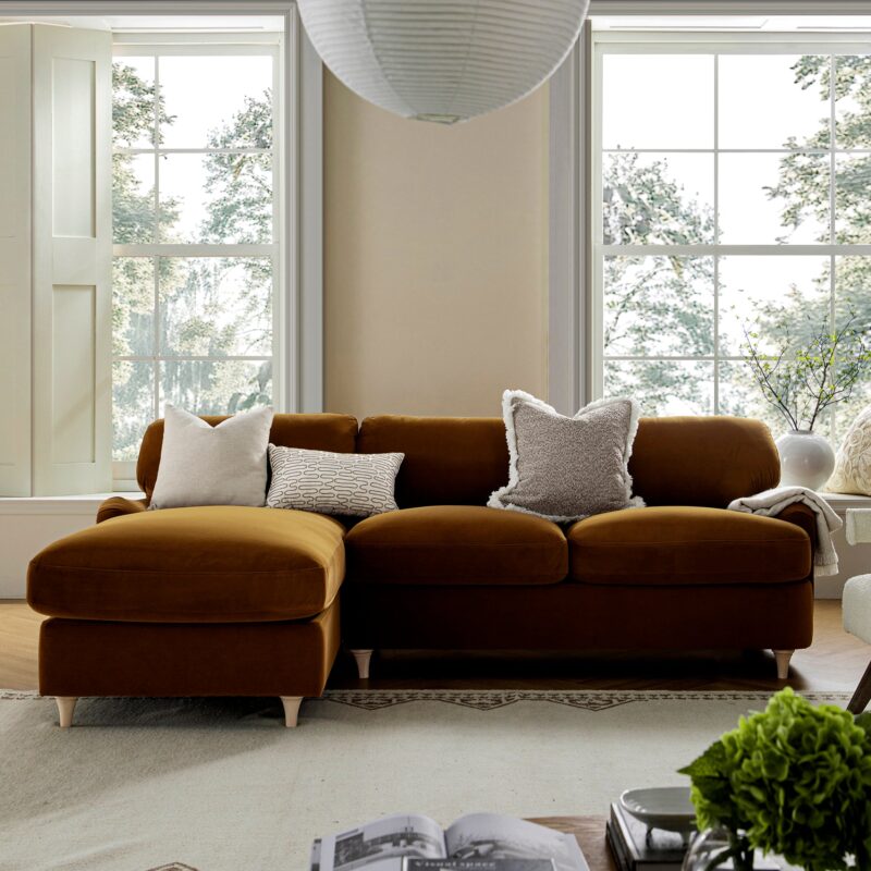Daphnis Cinnamon Velvet Sofa Bed, Grande Chaise Left Hand Facing - Image 4