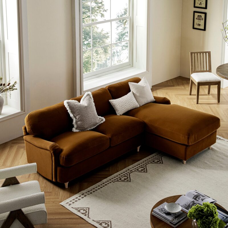 Daphnis Cinnamon Velvet Sofa Bed, Grande Chaise Sofa Right Hand Facing - Image 2