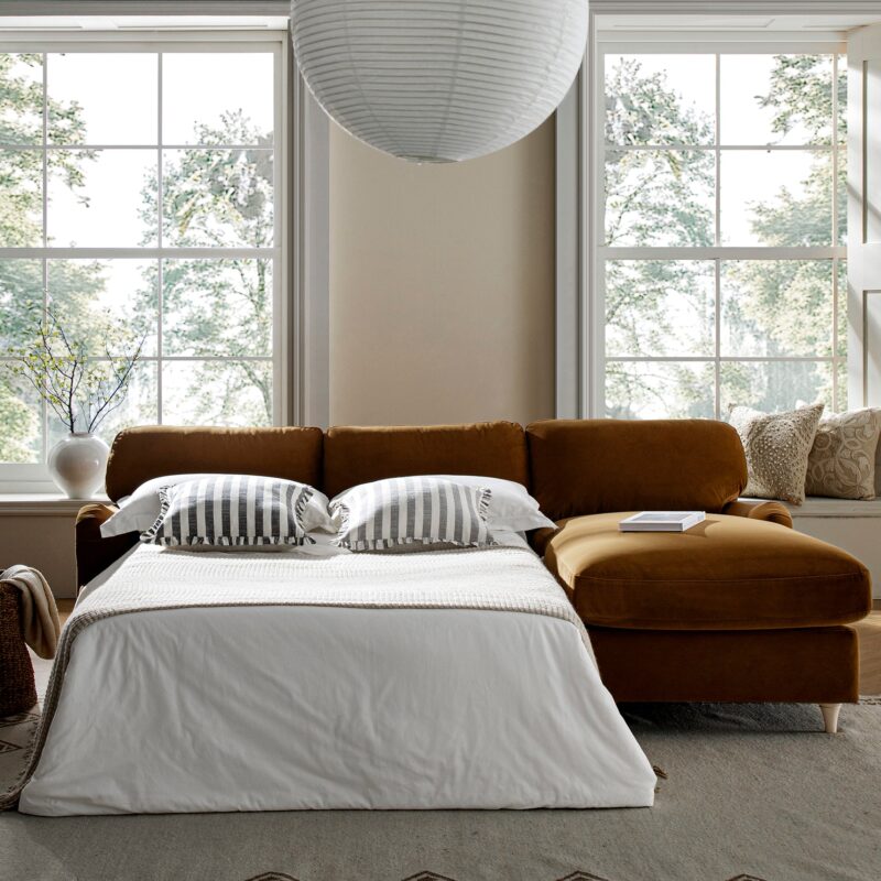 Daphnis Cinnamon Velvet Sofa Bed, Grande Chaise Sofa Right Hand Facing - Image 3