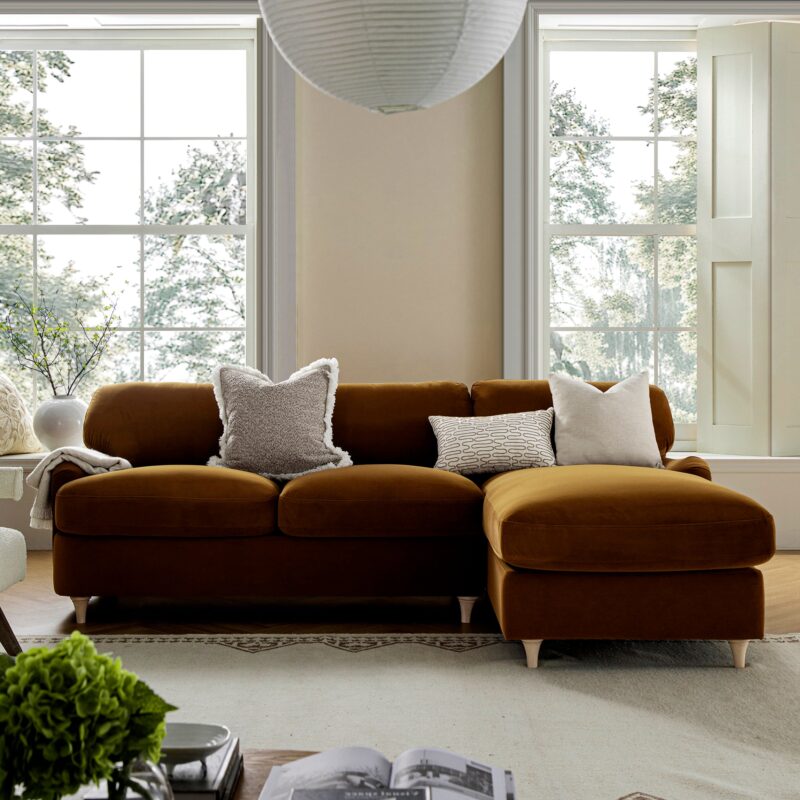 Daphnis Cinnamon Velvet Sofa Bed, Grande Chaise Sofa Right Hand Facing - Image 4