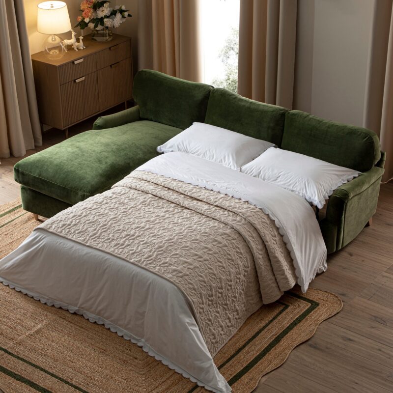 Daphnis Fern Green Velvet Sofa Bed, Grande Chaise Left Hand Facing - Image 3