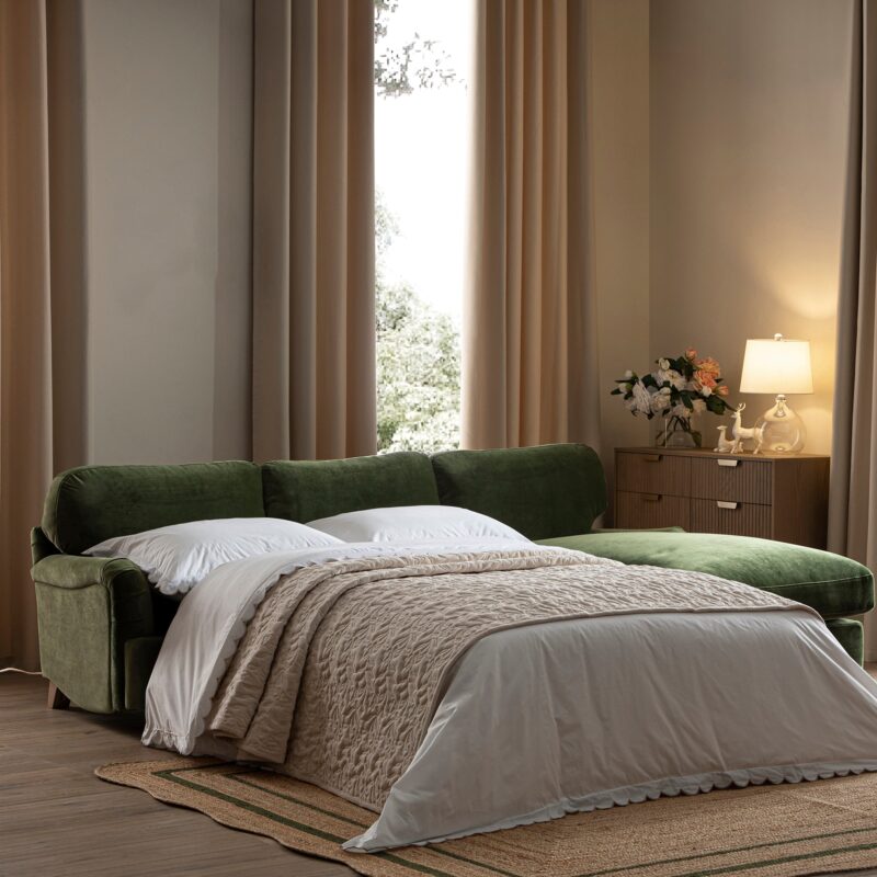 Daphnis Fern Green Velvet Sofa Bed, Grande Chaise Right Hand Facing - Image 3
