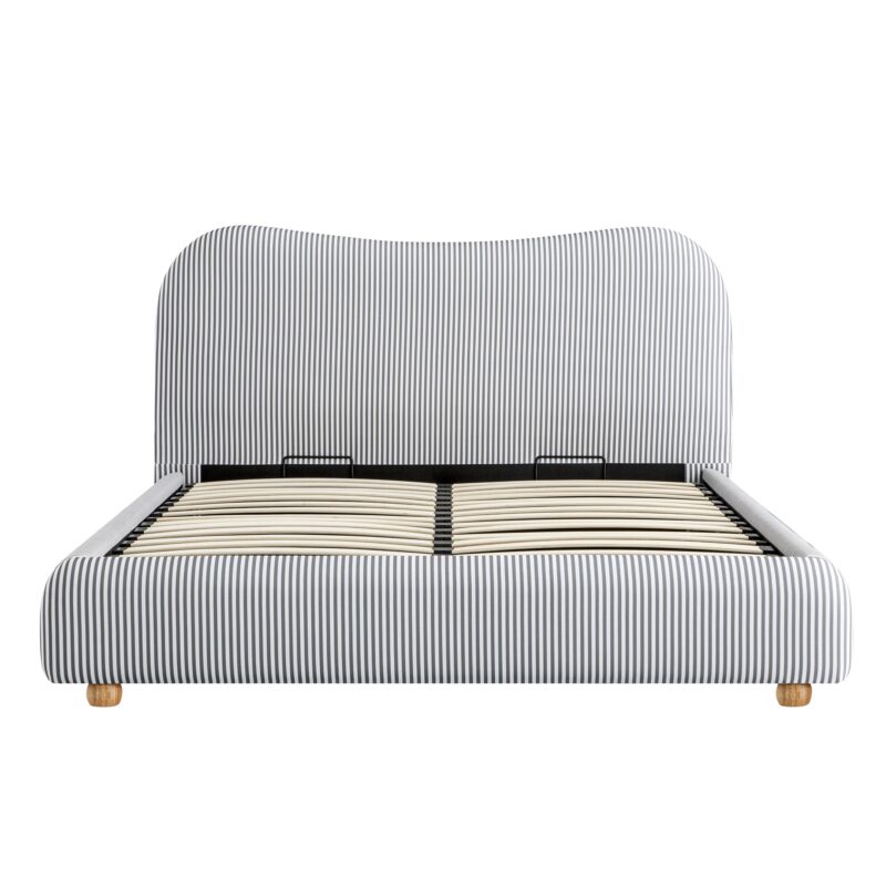 Egerie Curved Headboard Slate Blue Striped Fabric Ottoman Storage Bed - Image 7