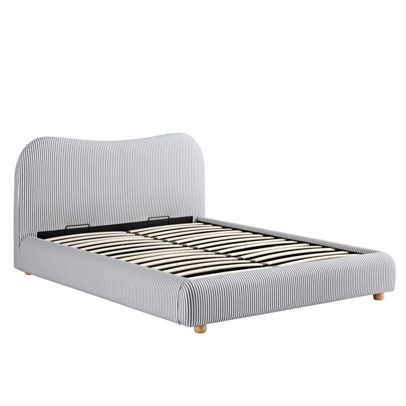 Egerie Curved Headboard Slate Blue Striped Fabric Ottoman Storage Bed - Image 8