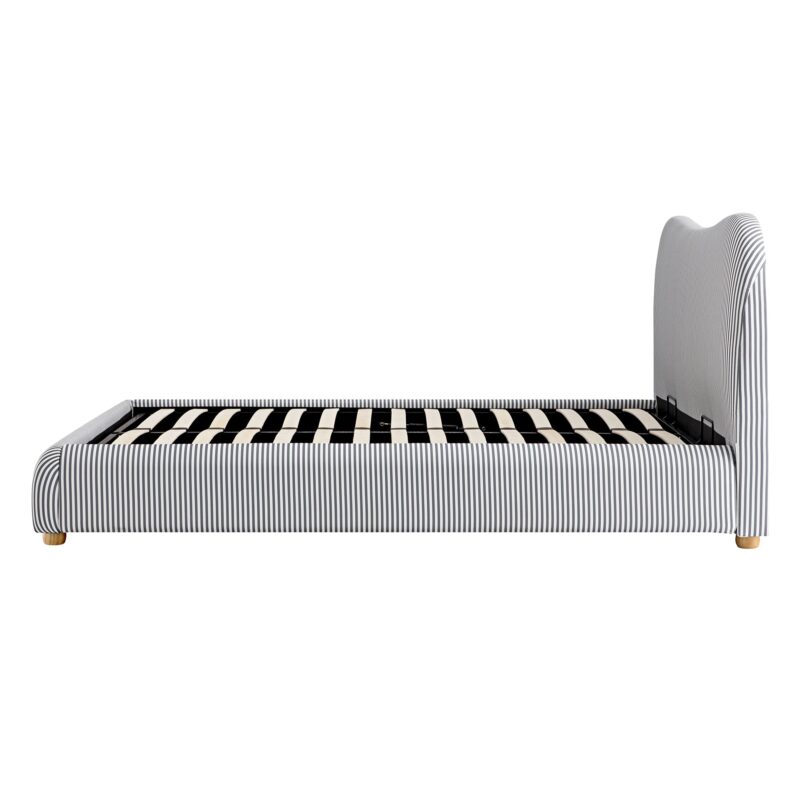 Egerie Curved Headboard Slate Blue Striped Fabric Ottoman Storage Bed - Image 12
