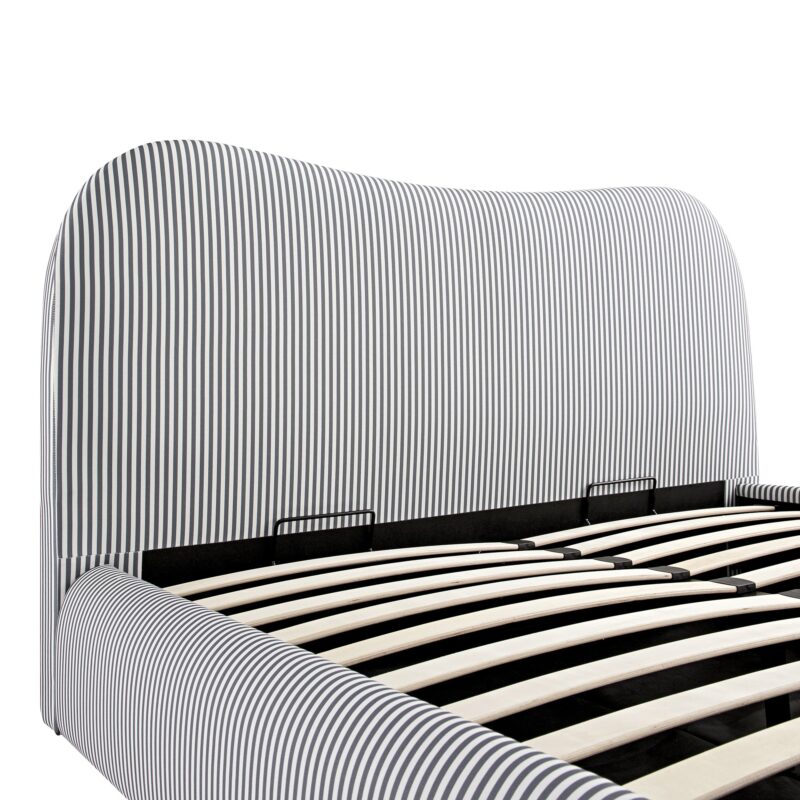 Egerie Curved Headboard Slate Blue Striped Fabric Ottoman Storage Bed - Image 14
