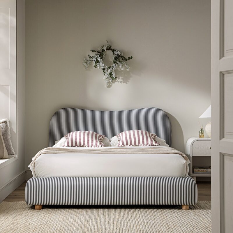 Egerie Curved Headboard Slate Blue Striped Fabric Ottoman Storage Bed - Image 2