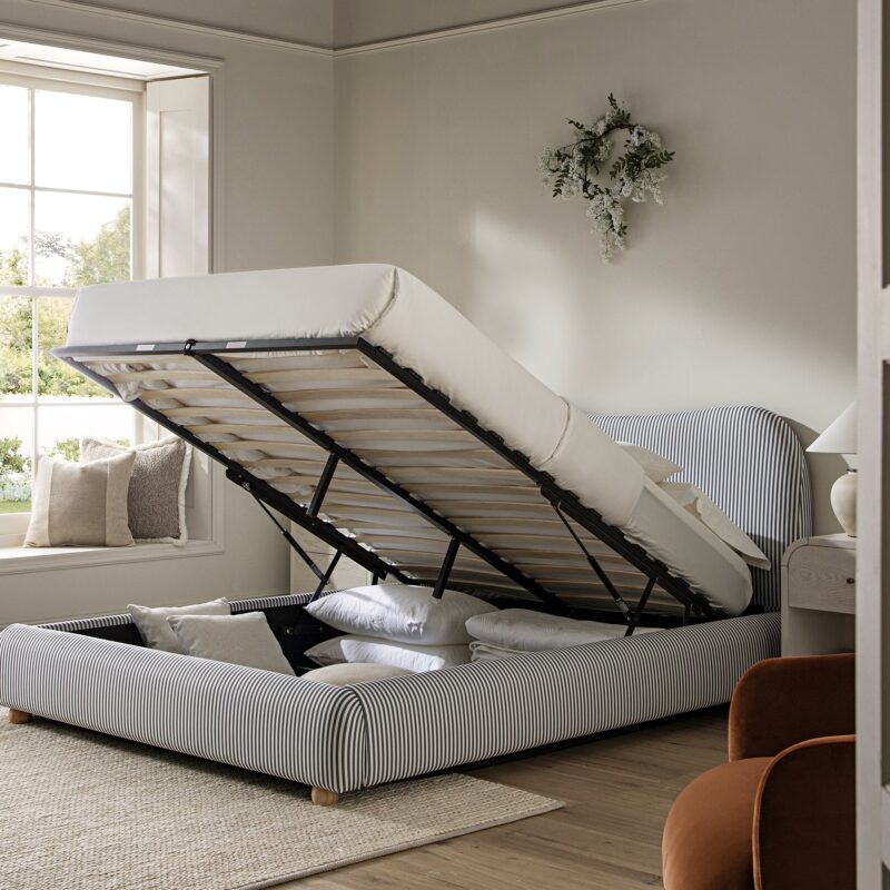 Egerie Curved Headboard Slate Blue Striped Fabric Ottoman Storage Bed - Image 3