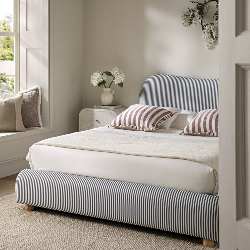 Egerie Curved Headboard Slate Blue Striped Fabric Ottoman Storage Bed - Image 4