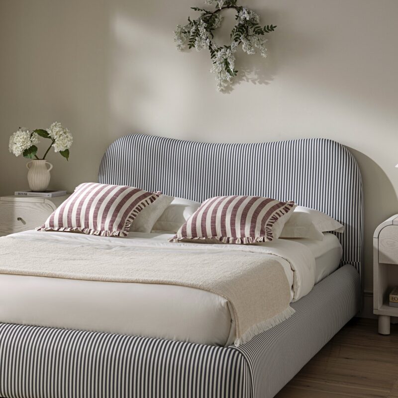 Egerie Curved Headboard Slate Blue Striped Fabric Ottoman Storage Bed - Image 5