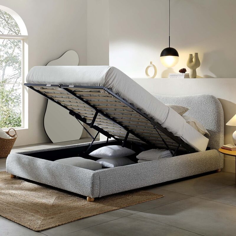 Egerie Curved Headboard Mist Grey Boucle Ottoman Storage Bed - Image 3