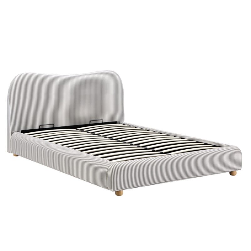 Egerie Curved Headboard Light Taupe Striped Fabric Ottoman Storage Bed - Image 8