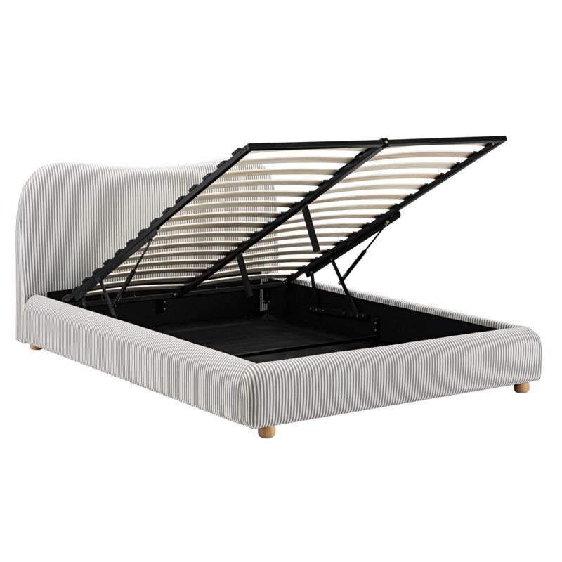 Egerie Curved Headboard Light Taupe Striped Fabric Ottoman Storage Bed - Image 10