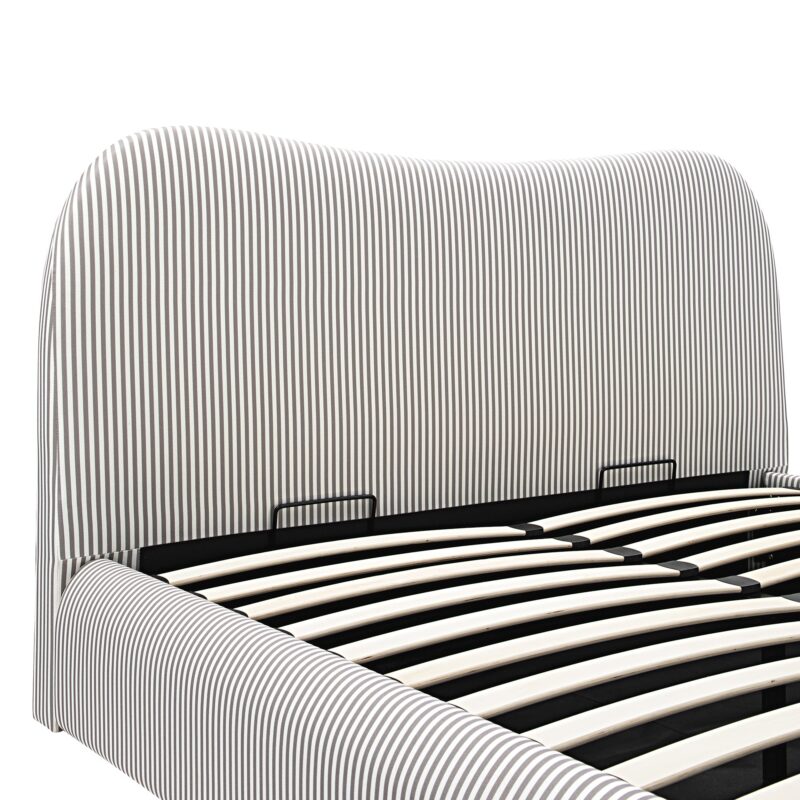 Egerie Curved Headboard Light Taupe Striped Fabric Ottoman Storage Bed - Image 14