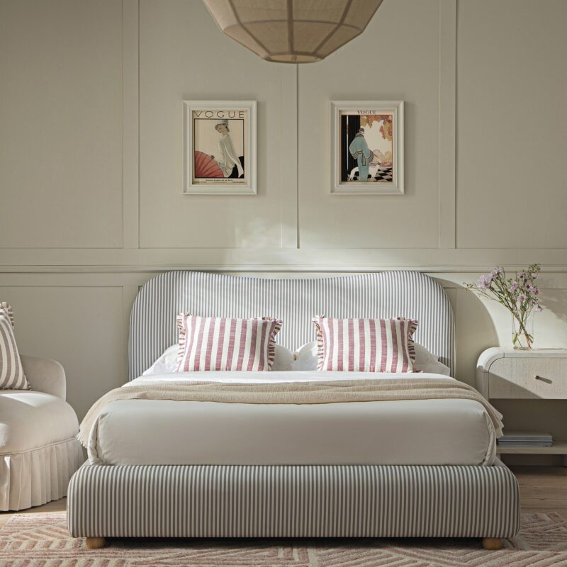 Egerie Curved Headboard Light Taupe Striped Fabric Ottoman Storage Bed - Image 2