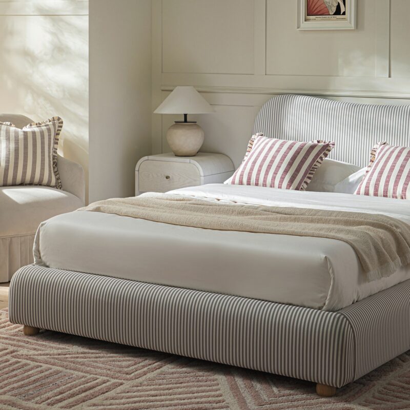 Egerie Curved Headboard Light Taupe Striped Fabric Ottoman Storage Bed - Image 4