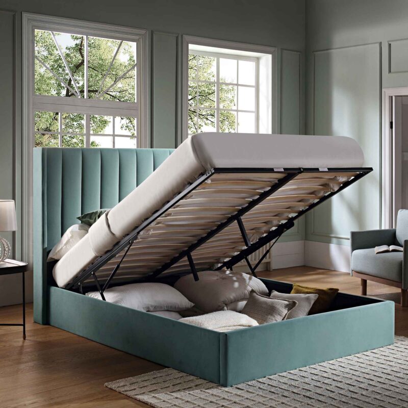 Wilton Seafoam Blue Velvet Ottoman Storage Bed - Image 3
