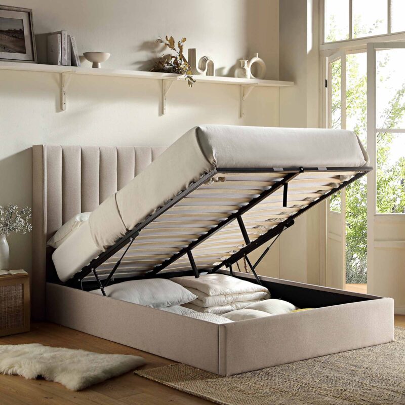 Wilton Warm Stone Fabric Ottoman Storage Bed - Image 2