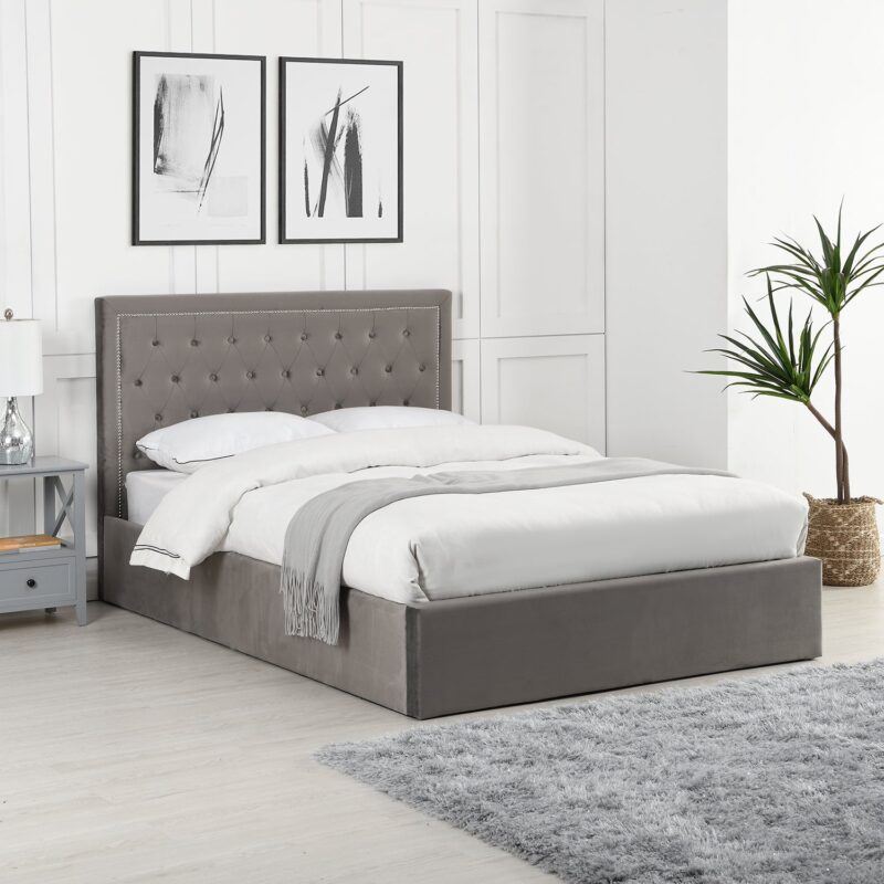 Hartwell Upholstered Ottoman Storage Bed with Nailhead Trim Headboard (Grey Velvet)