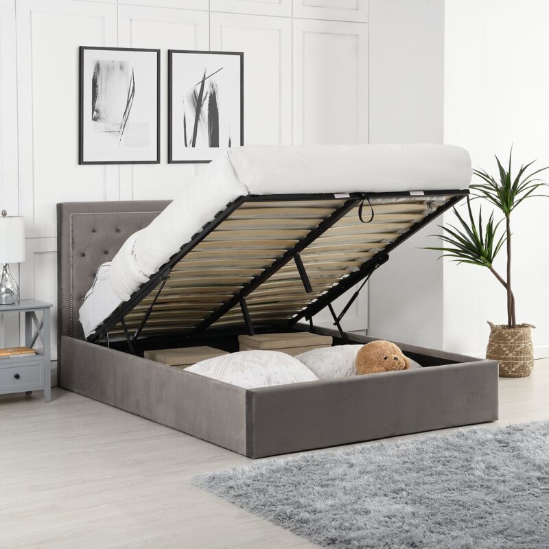 Hartwell Upholstered Ottoman Storage Bed with Nailhead Trim Headboard (Grey Velvet) - Image 2