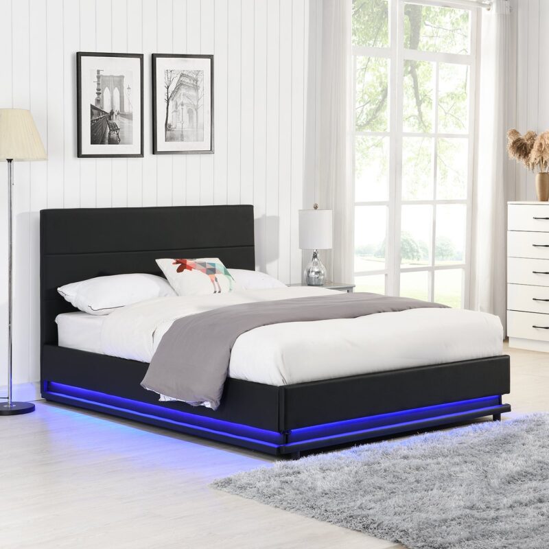 Buxton Faux Leather End Opening Ottoman Storage Bed Frame with Muti-colour LED Light Strip (Black PU)