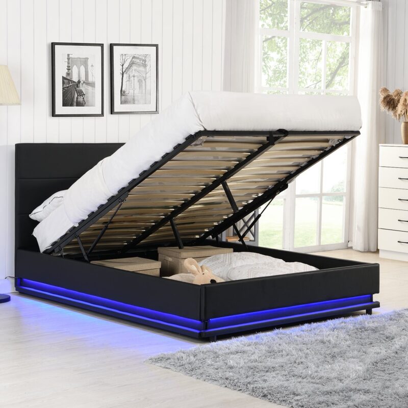 Buxton Faux Leather End Opening Ottoman Storage Bed Frame with Muti-colour LED Light Strip (Black PU) - Image 2