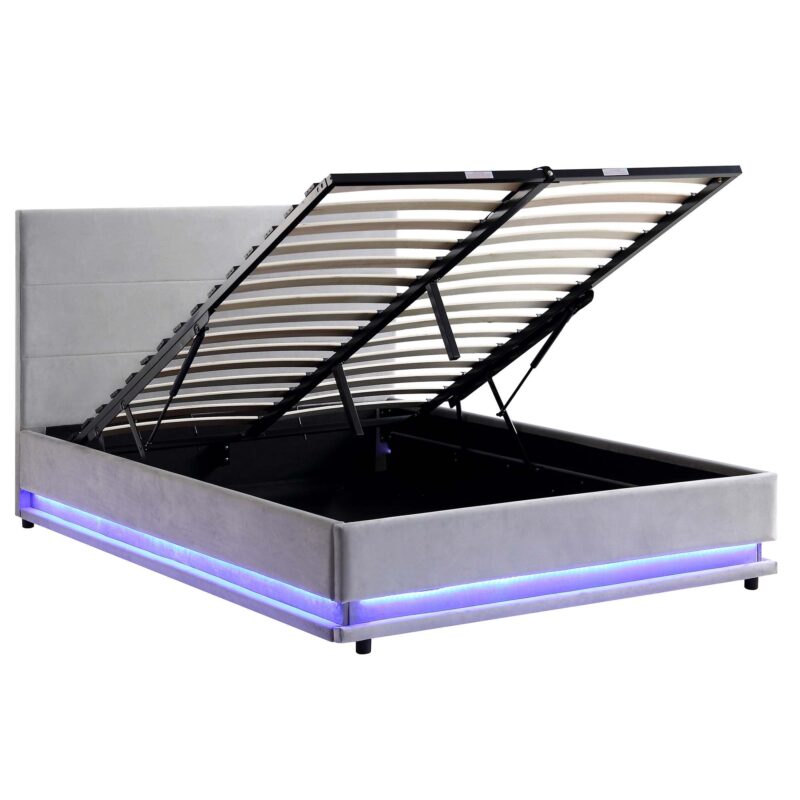 Buxton End Opening Ottoman Storage Bed Frame with Multi-colour LED Light Strip (Light Grey Velvet) - Image 6