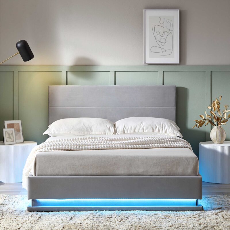 Buxton End Opening Ottoman Storage Bed Frame with Multi-colour LED Light Strip (Light Grey Velvet) - Image 2
