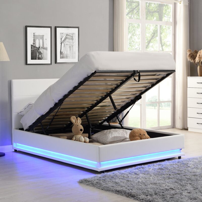 Buxton Faux Leather End Opening Ottoman Storage Bed Frame with Muti-colour LED Light Strip (White PU) - Image 2