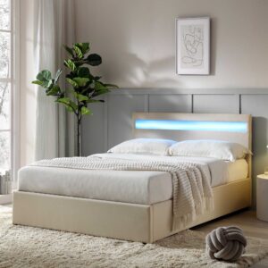 Pimlico End Opening Ottoman Storage Bed Frame with Muti-colour LED Headboard (Beige Fabric)