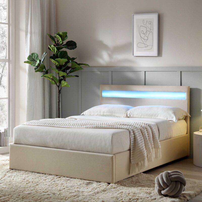 Pimlico End Opening Ottoman Storage Bed Frame with Muti-colour LED Headboard (Beige Fabric)