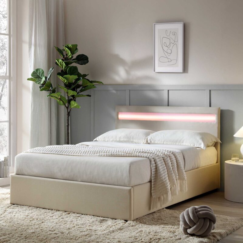 Pimlico End Opening Ottoman Storage Bed Frame with Muti-colour LED Headboard (Beige Fabric) - Image 2