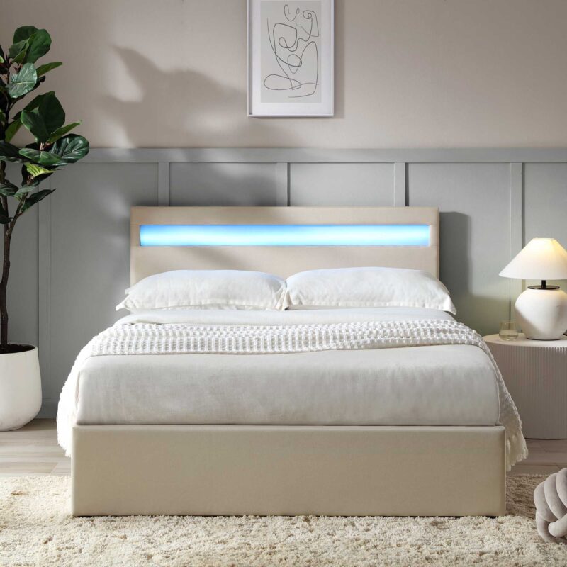 Pimlico End Opening Ottoman Storage Bed Frame with Muti-colour LED Headboard (Beige Fabric) - Image 3