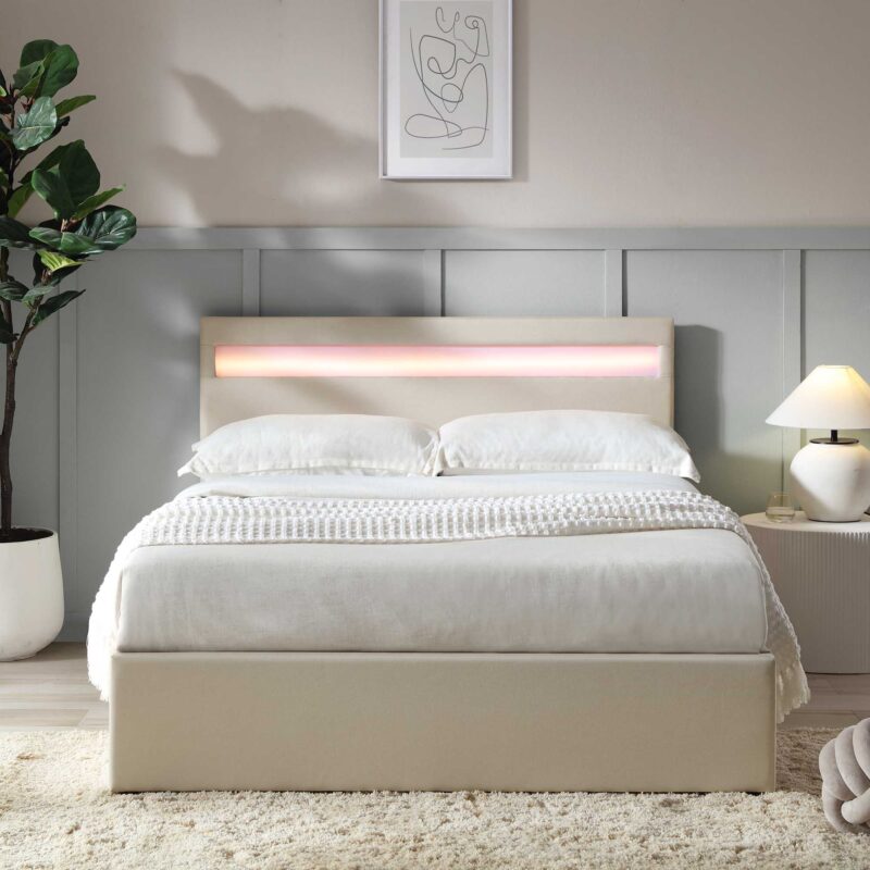 Pimlico End Opening Ottoman Storage Bed Frame with Muti-colour LED Headboard (Beige Fabric) - Image 4