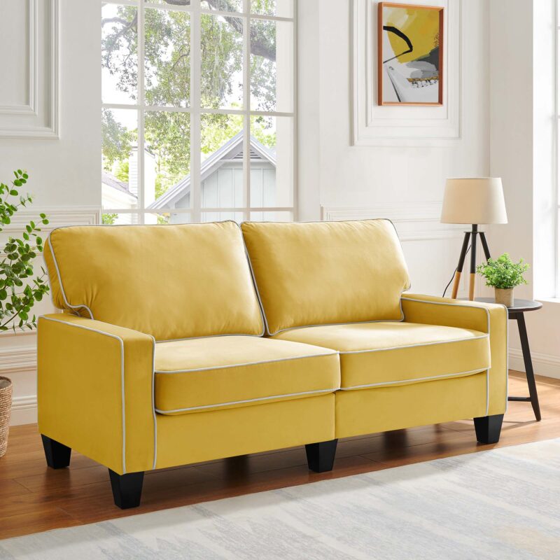 Sherbrook Large 2-Seater Mustard Yellow Velvet Sofa with Contrasting Piping - Image 2