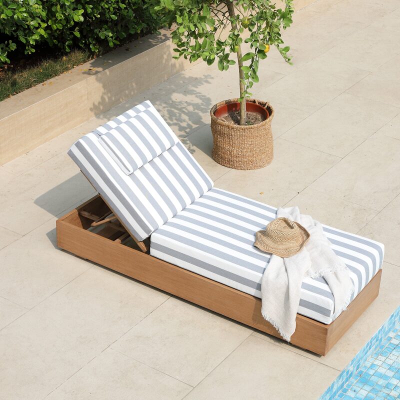 Jardin Aluminium Outdoor Sun Lounger, Natural with Blue Stripes - Image 2